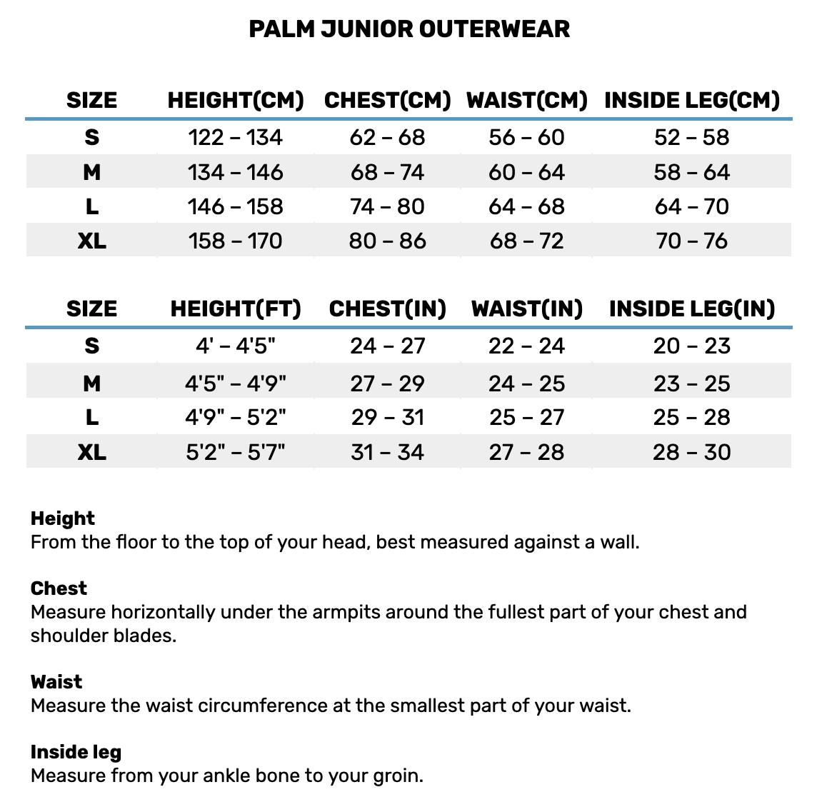 2025 Palm Junior Outerwear 0 Size Chart
